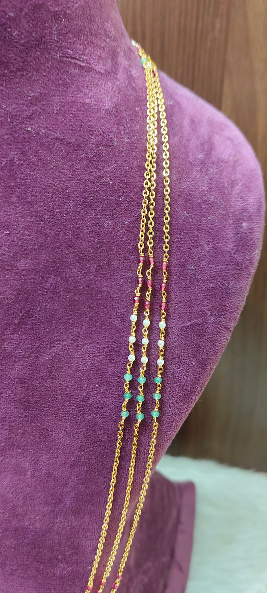 Premium micro gold plated chandraharam 30" length cz beads 3 line chandraharam