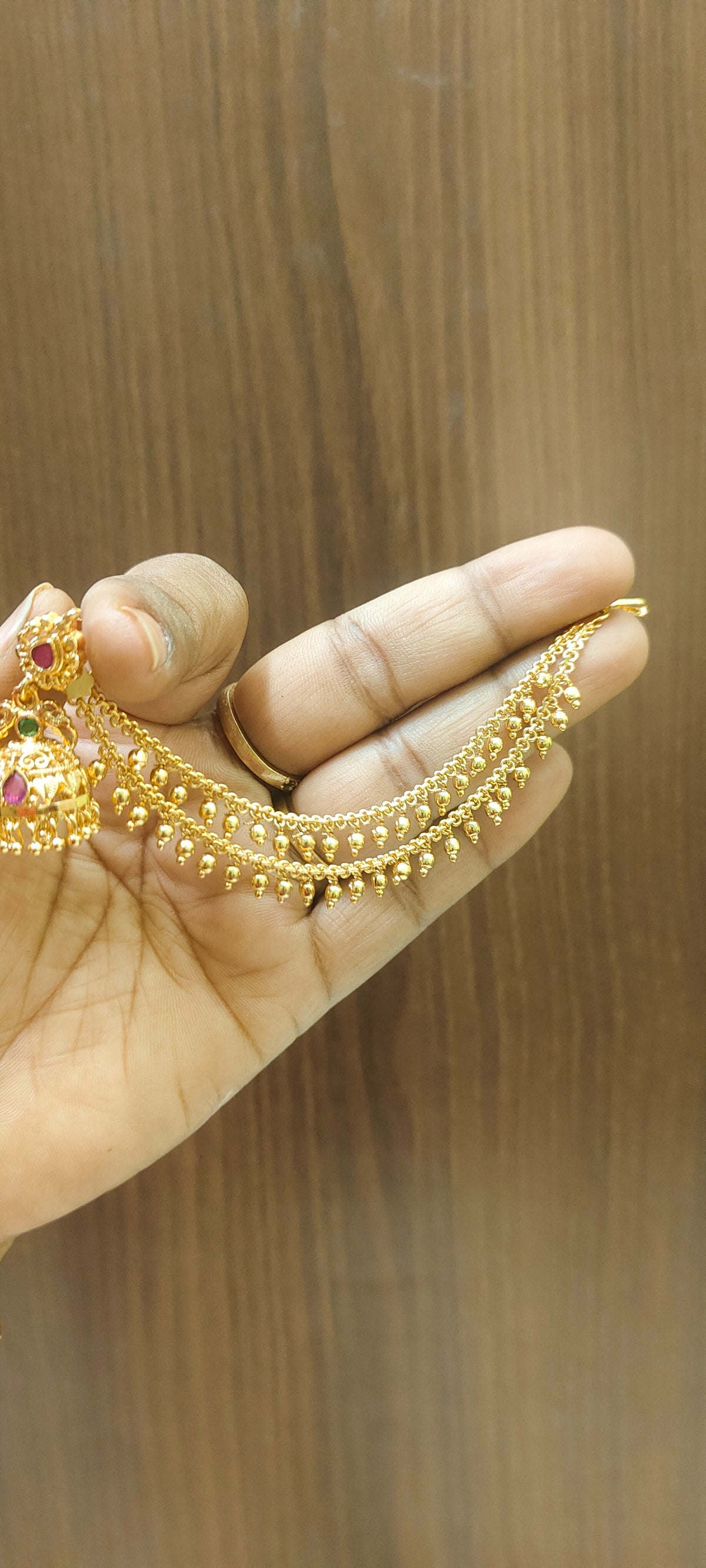 Premium micro gold plated gold look jumkas and ear chains combo
