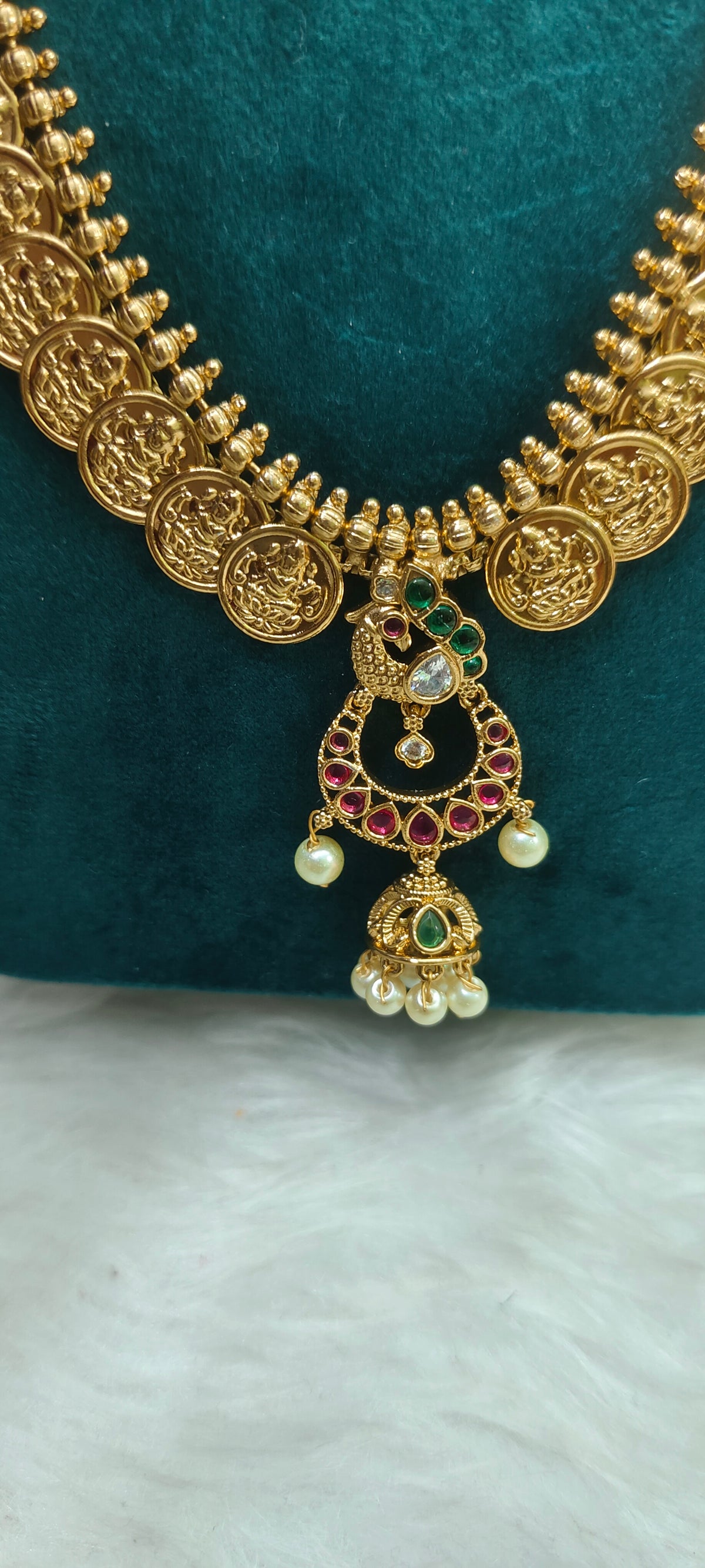 Premium gold look 28" length kasu long haram with earrings ( pendant and earrings may changes