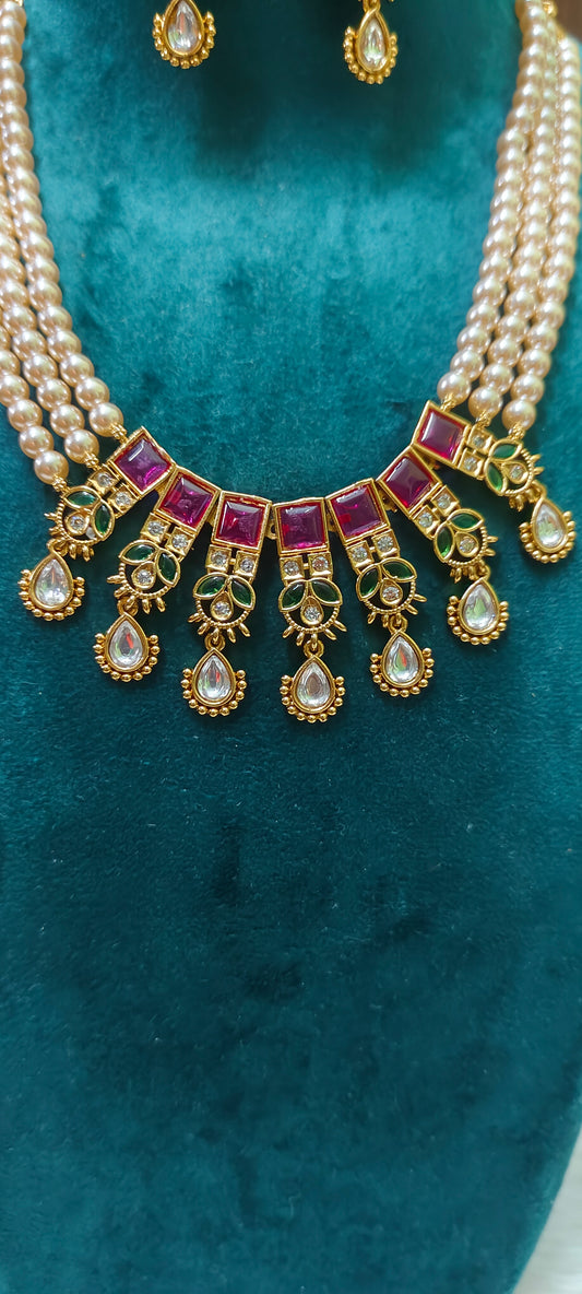 Premium nakshi pendant with Swarovski pearl choker and earrings