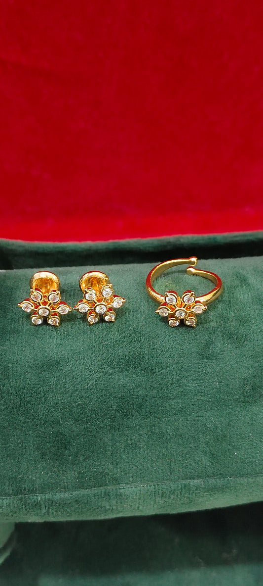 Pure panchaloham diamond look studs with diamond look adjustable finger ring combo