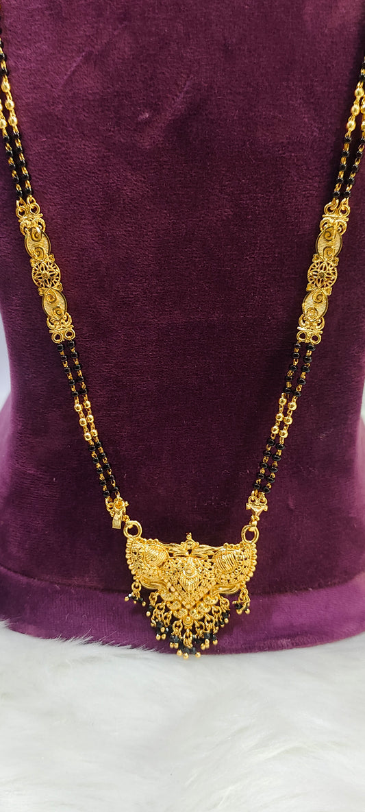 Gold look 28" length long black beads with jumkas