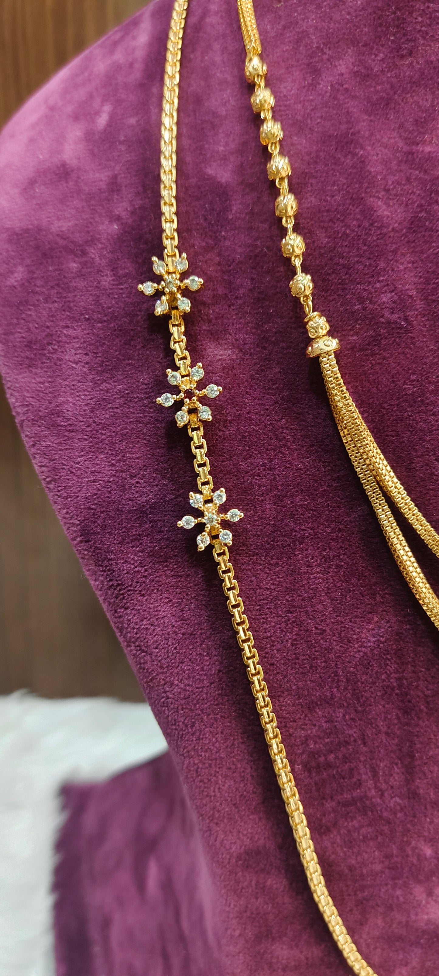 Premium micro gold plated 24" length thali chain and 18" length 2 step chain combo ( stone flower colour may changes in thali chain)
