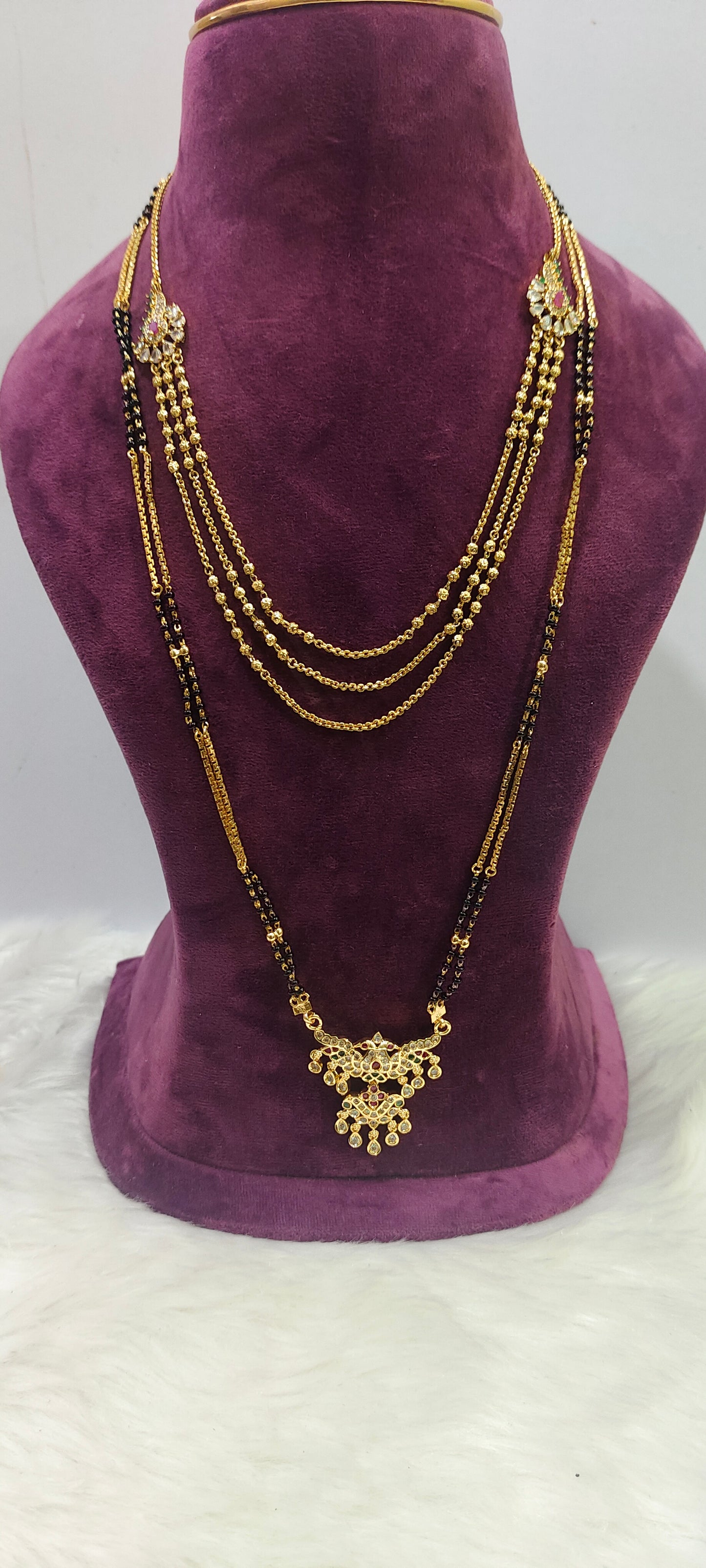 Premium nakshi 3 step necklace with 28" length black beads combo