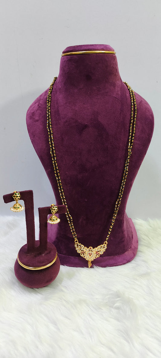 Pure panchaloham pendant with micro30" black beads with panchaloham jumkas combo