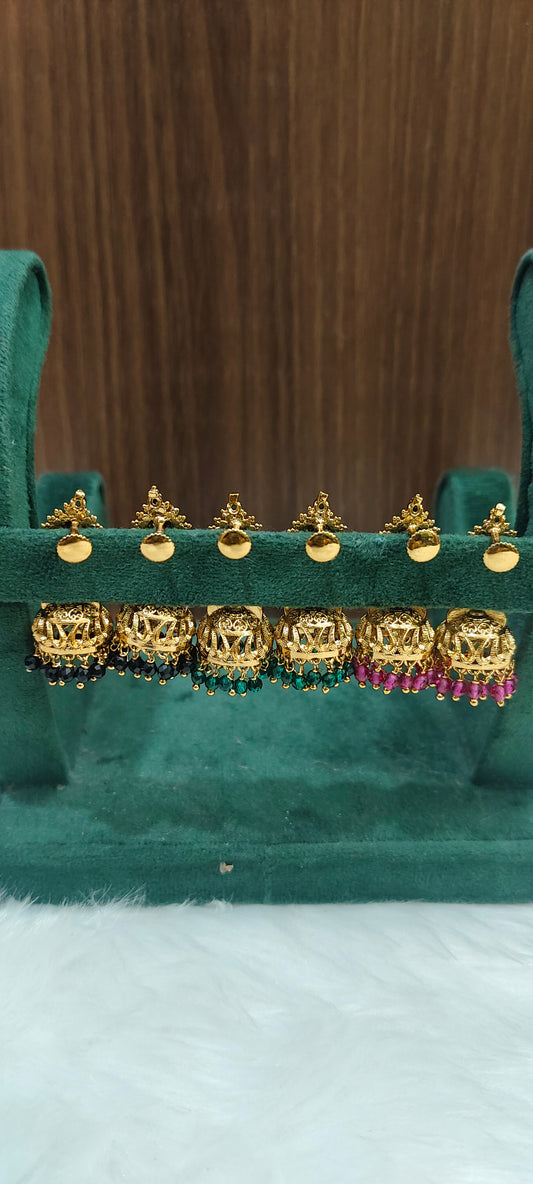 Cute antique finish 3 pair jumkas (pink, black,green)