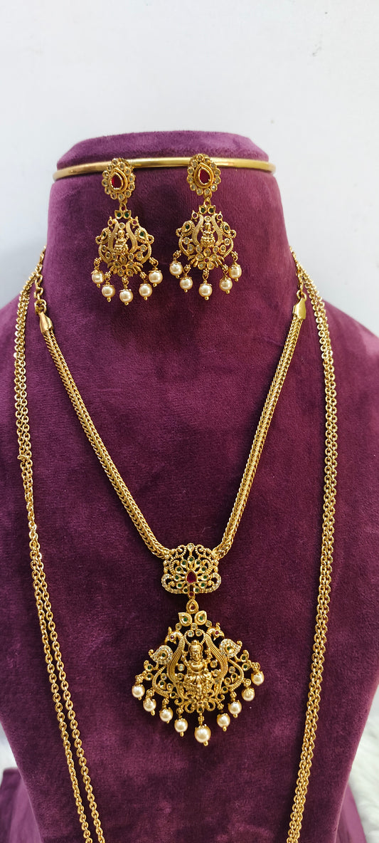 Premium nakshi nanu necklace with earrings and 2line 28" length pendant chain combo