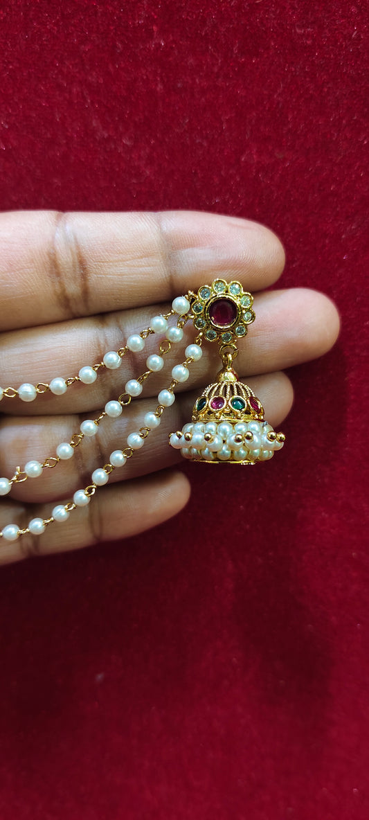 Premium gold look pearl butta with attached ear chains