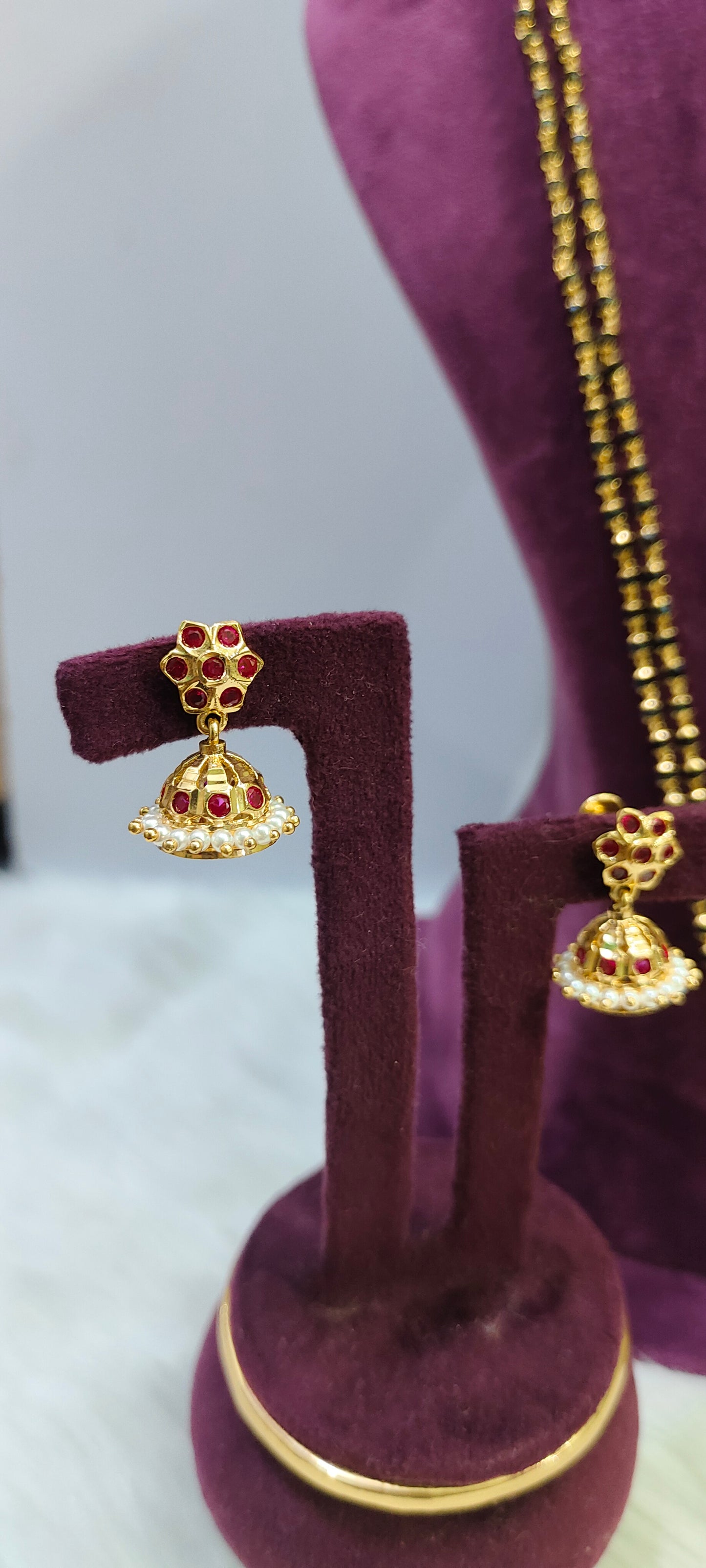 Pure panchaloham pendant with micro30" black beads with panchaloham jumkas combo