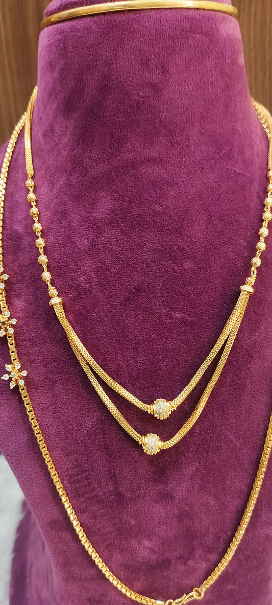 Premium micro gold plated 24" length thali chain and 18" length 2 step chain combo ( stone flower colour may changes in thali chain)