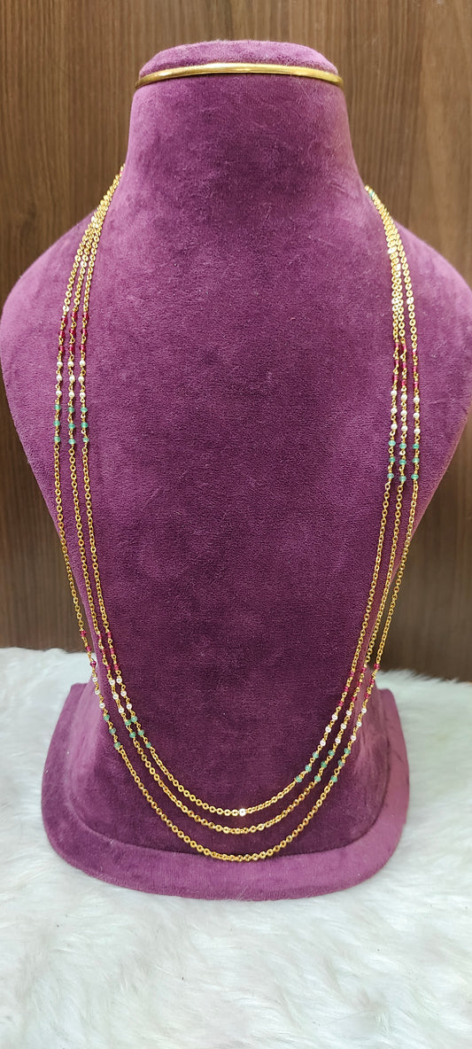 Premium micro gold plated chandraharam 30" length cz beads 3 line chandraharam