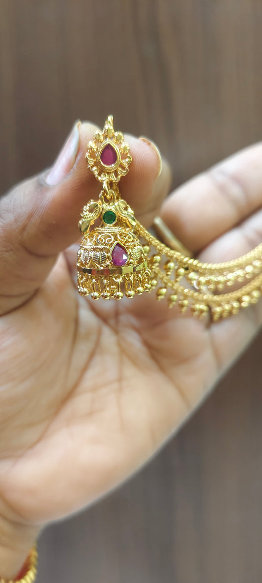 Premium micro gold plated gold look jumkas and ear chains combo