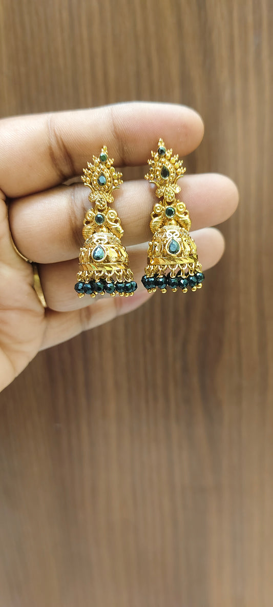 Premium gold look black beads screw back jumkas