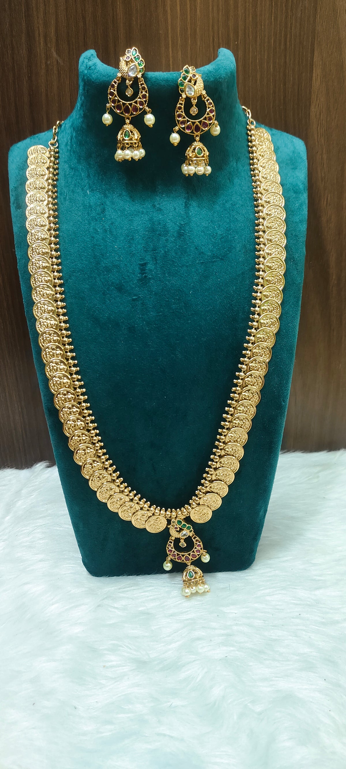 Premium gold look 28" length kasu long haram with earrings ( pendant and earrings may changes