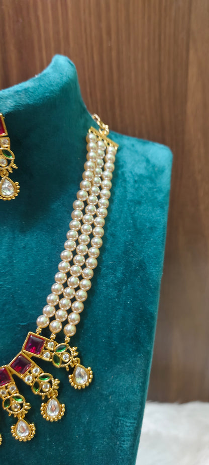 Premium nakshi pendant with Swarovski pearl choker and earrings