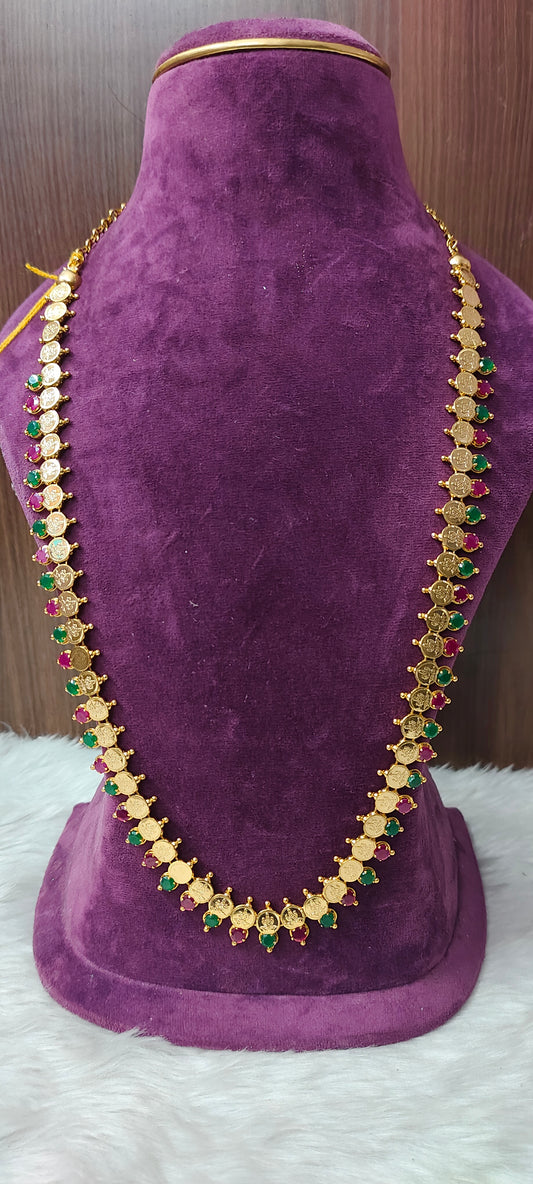 Premium micro gold long haram cum vaddanam with ruby green stone