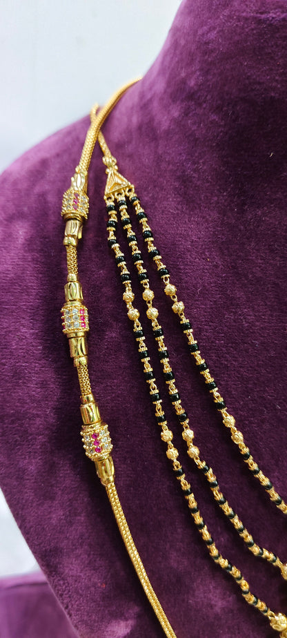 Micro gold plated 24 " length thali chain and 3 step black beads combo