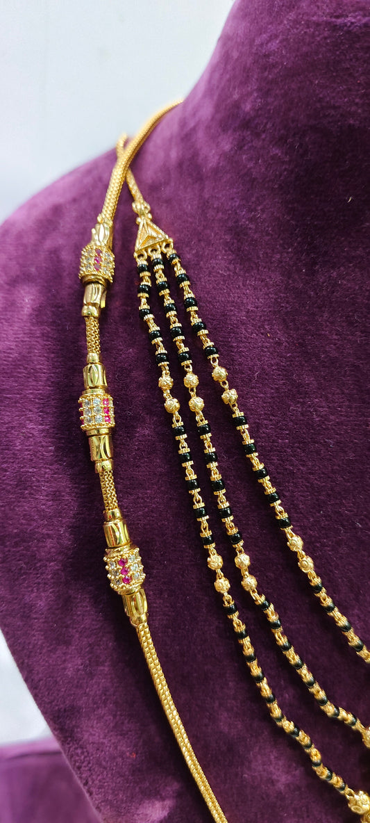 Micro gold plated 24 " length thali chain and 3 step black beads combo