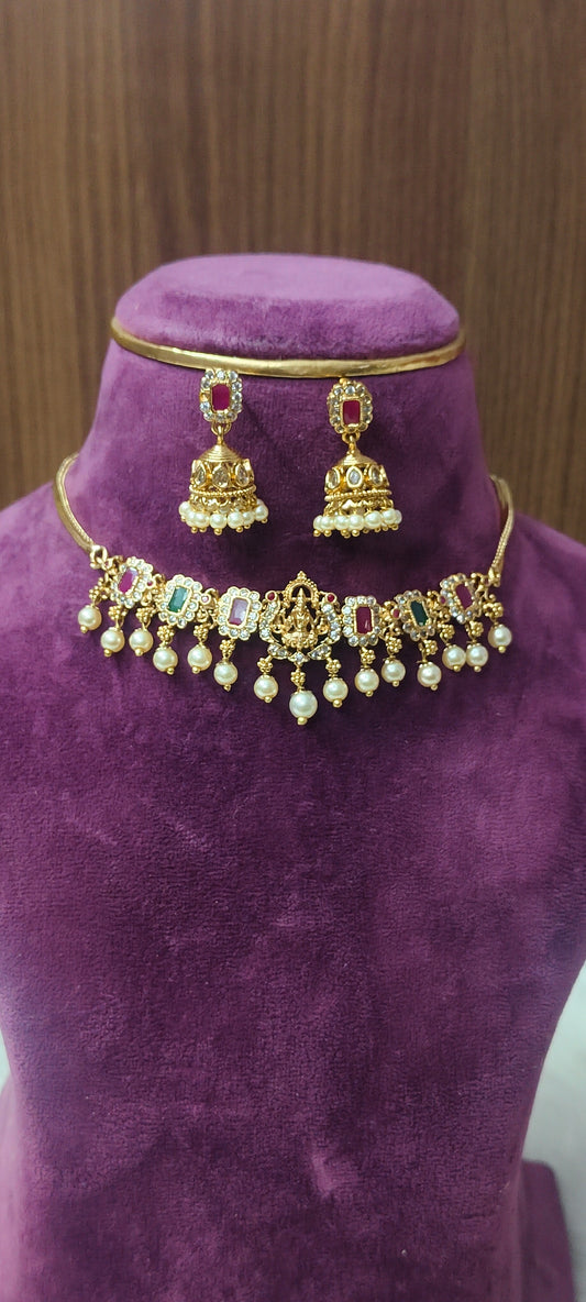 Simple Lakshmi Devi choker set with jumkas