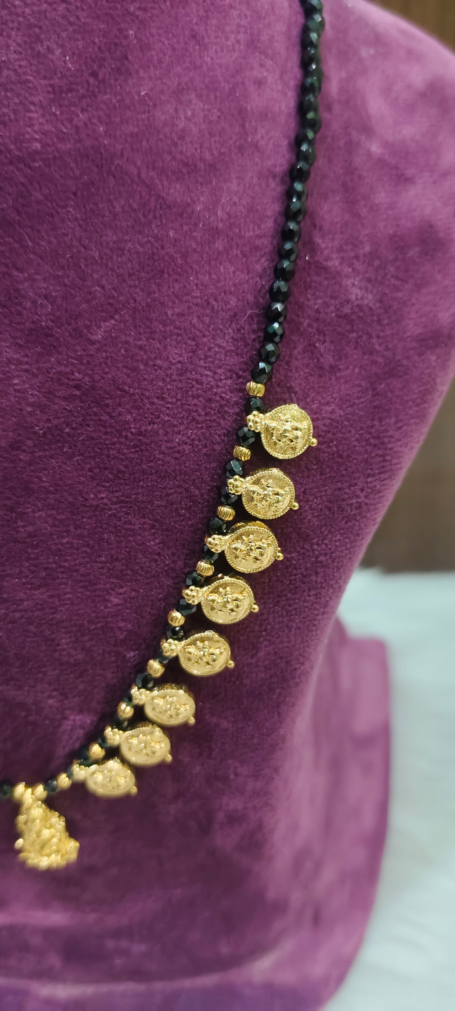 Lakshmi kasu mala with black beads 18" length