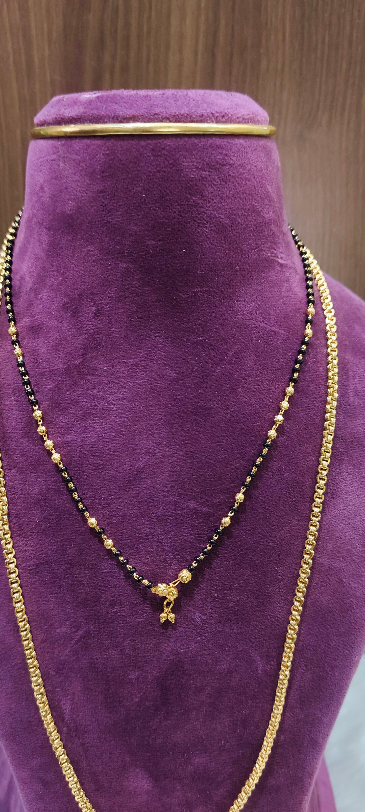 Premium micro gold plated 3 set combo (26" bharati model thali chain,18" black beads,vanki ring)