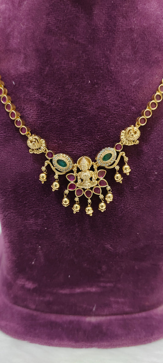 Premium nakshi simple gold look ruby necklace set