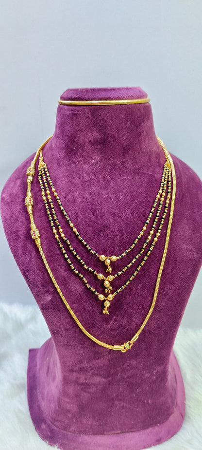 Micro gold plated 24 " length thali chain and 3 step black beads combo