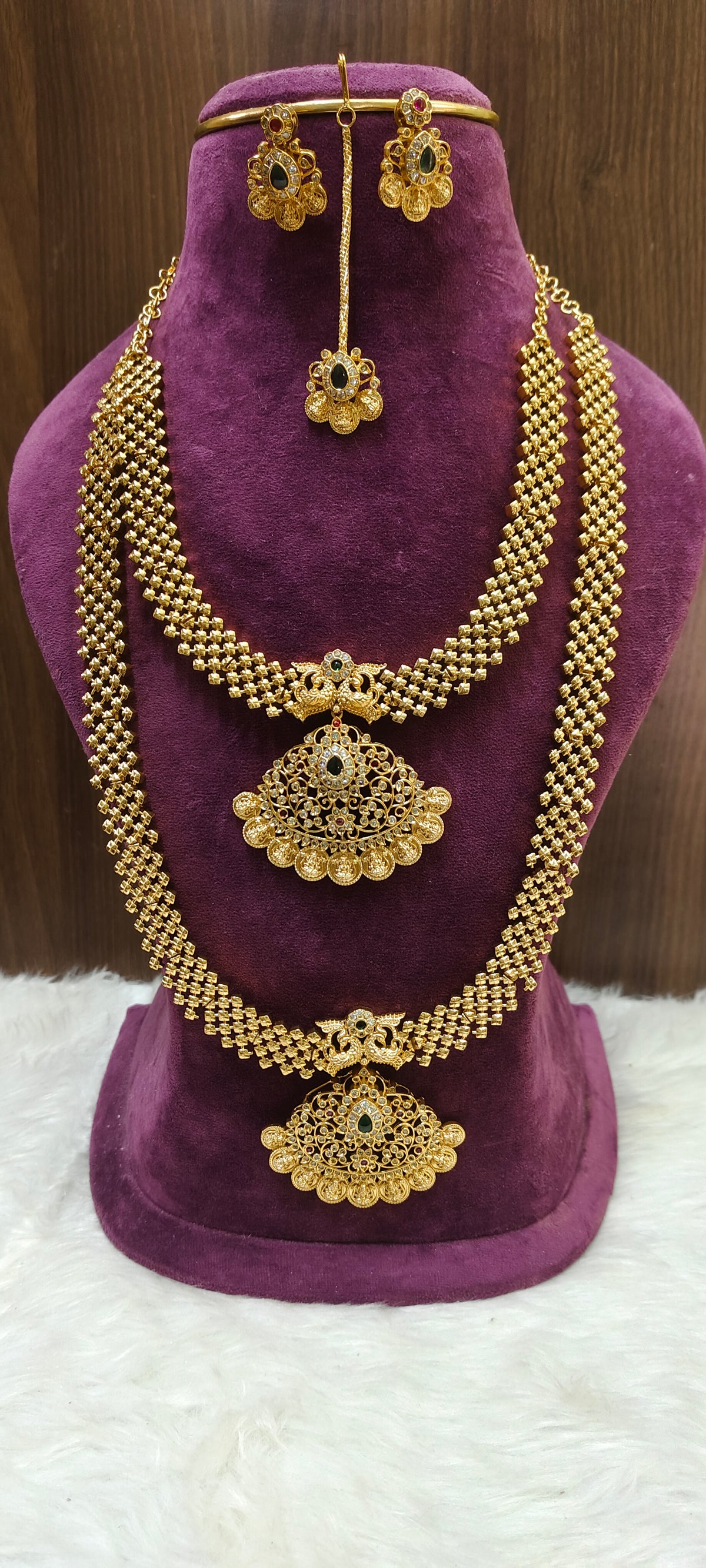 Premium gold look necklace long haram earrings and mangtika combo set