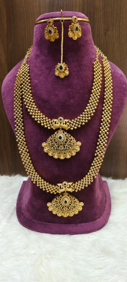 Premium gold look necklace long haram earrings and mangtika combo set