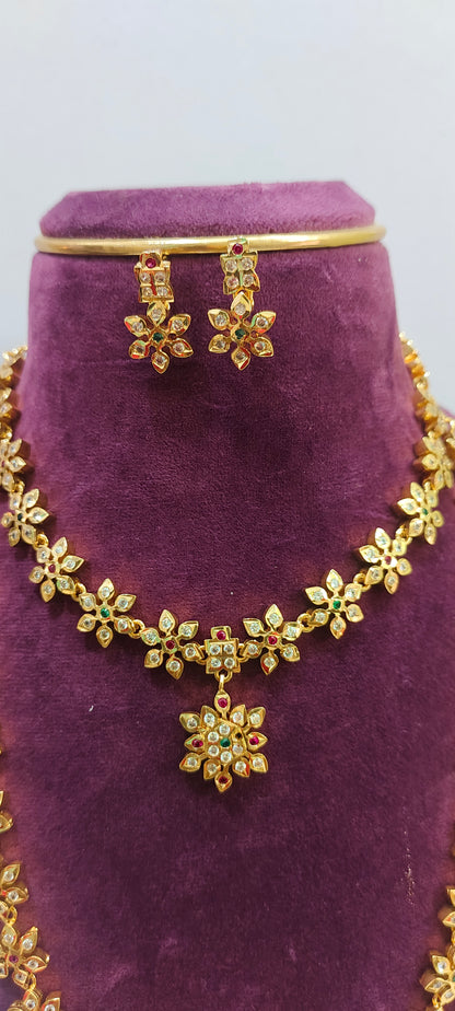 Pure panchaloham trendy necklace and long haram combo set with push back earrings