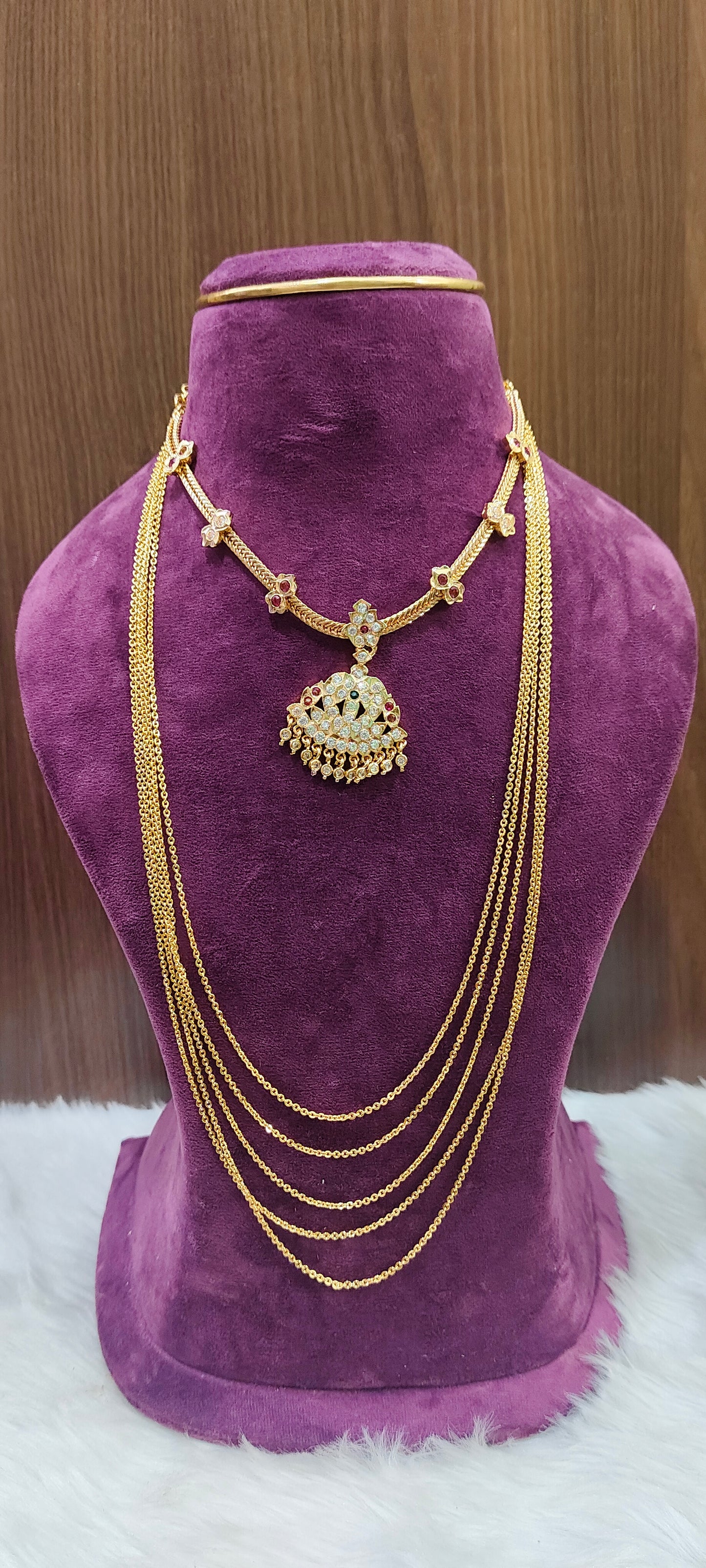 Pure panchaloham Jigini necklace and micro gold plated 28" length step Chandraharam combo