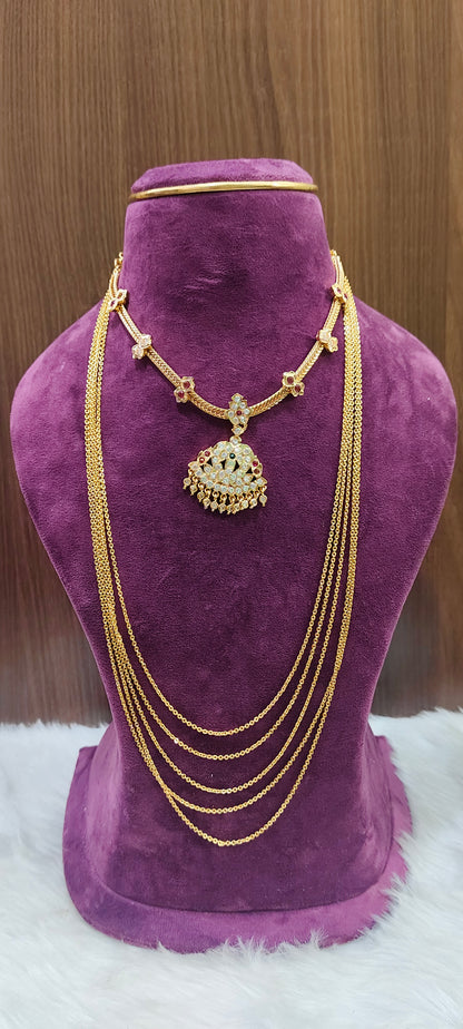 Pure panchaloham Jigini necklace and micro gold plated 28" length step Chandraharam combo