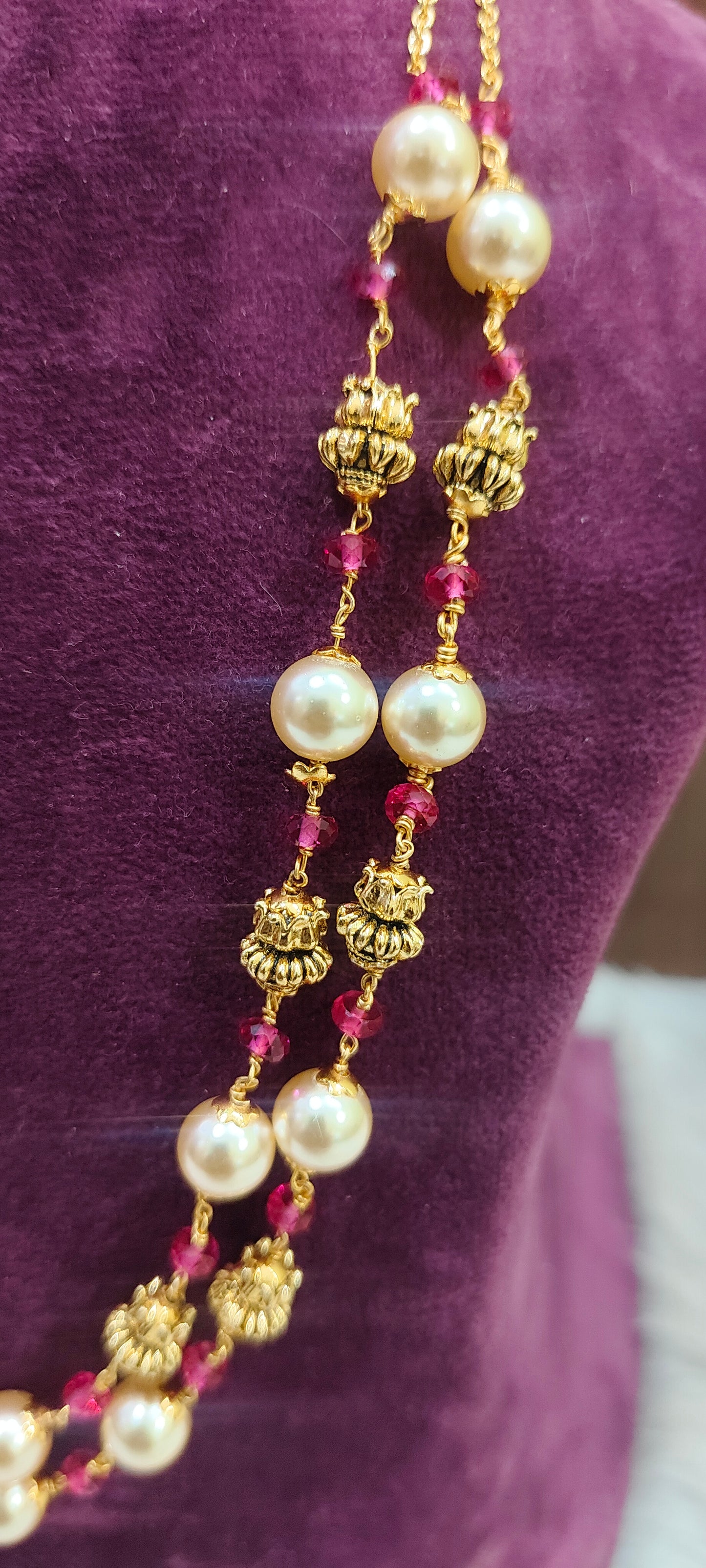Premium nakshi 2 line Swarovski pearl and nakshi beads 18" length chain