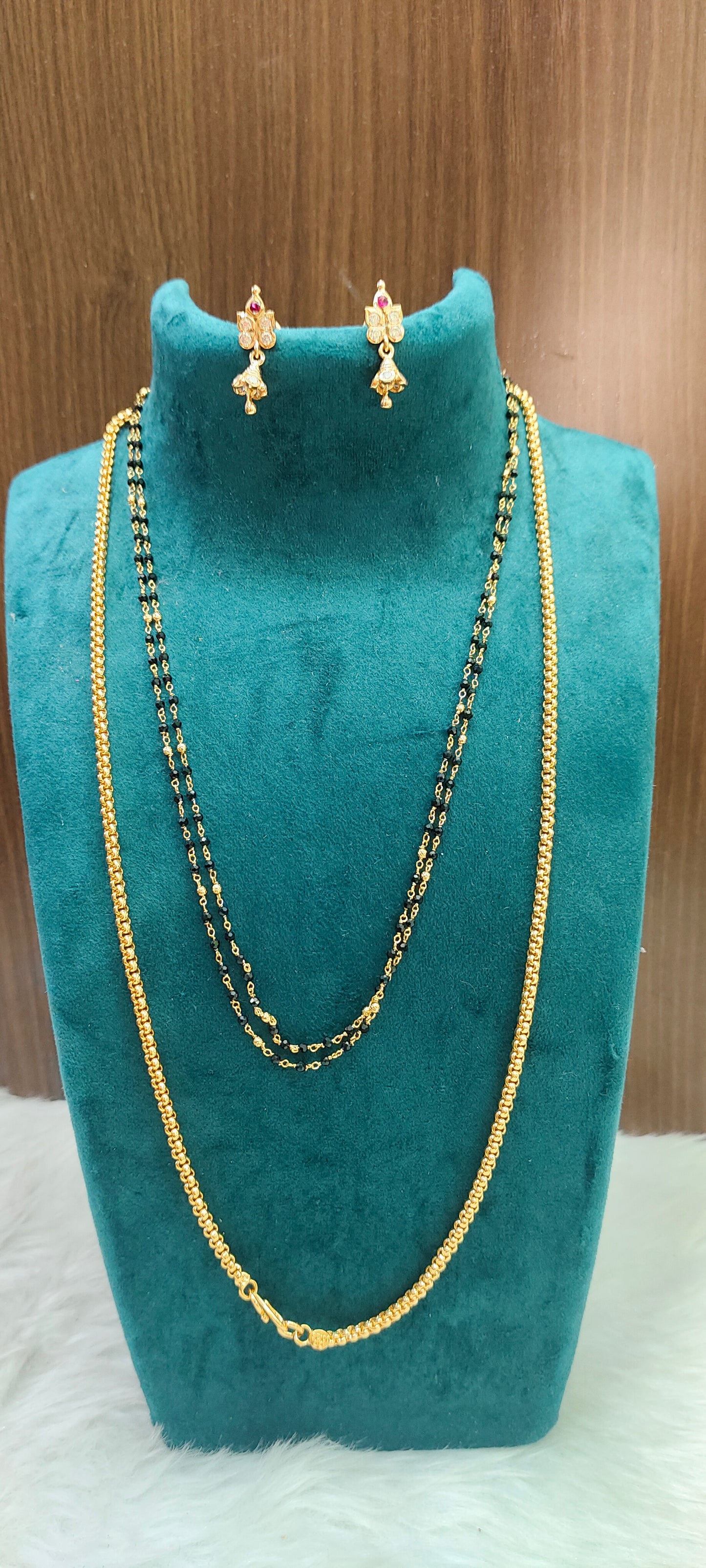 Premium micro gold plated daily wear 5 set combo (26" length thali chain,vanki ring, 4bangles, panchaloham earrings,18" length black beads)
