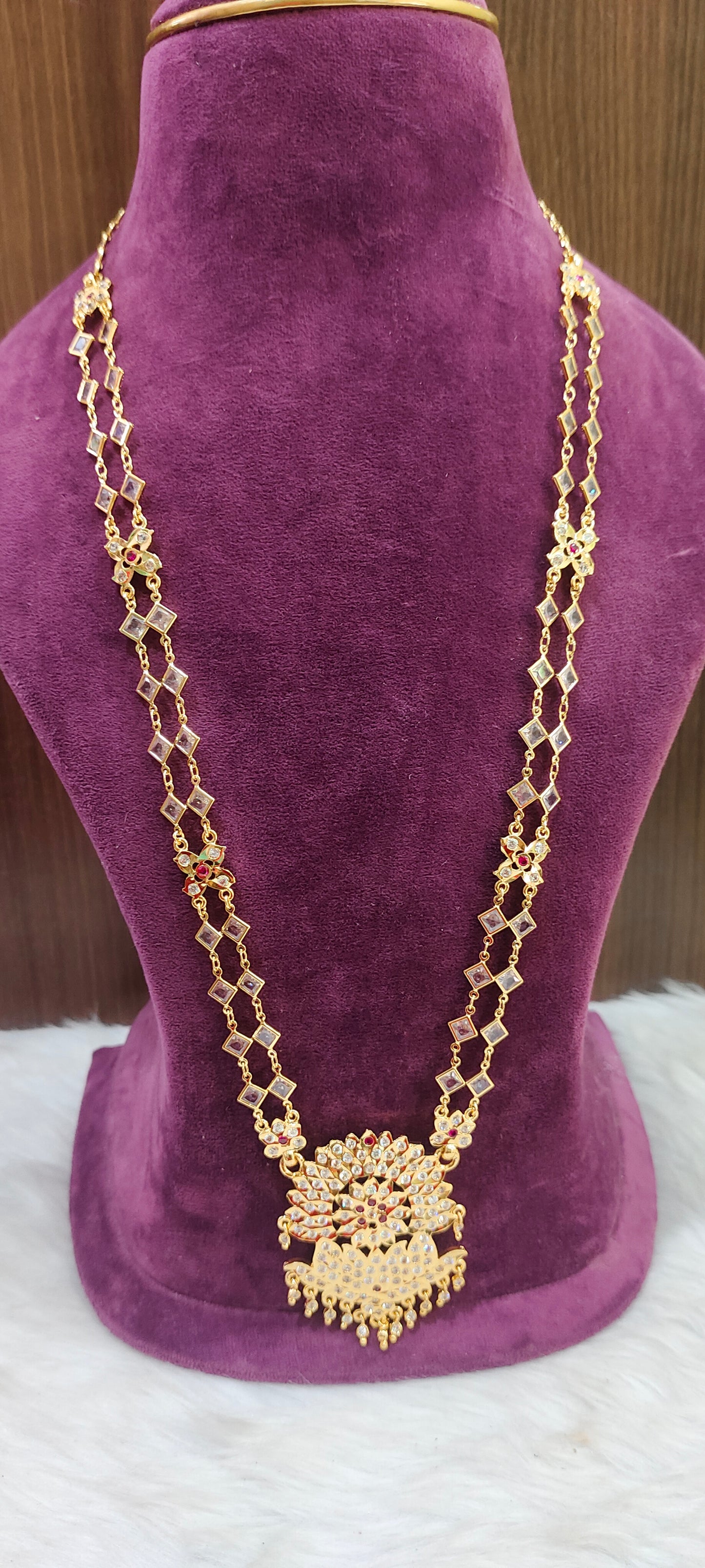 Pure panchaloham polki stone daimond shape chain long haram