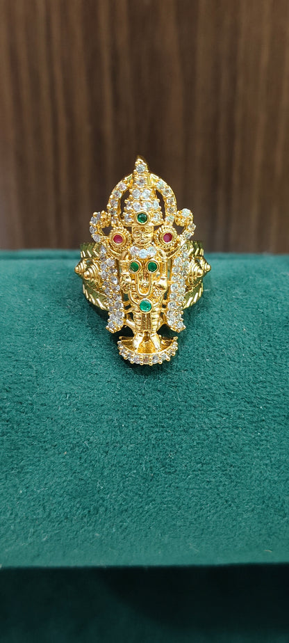 Premium stone based gold look govinda raja swami finger ring