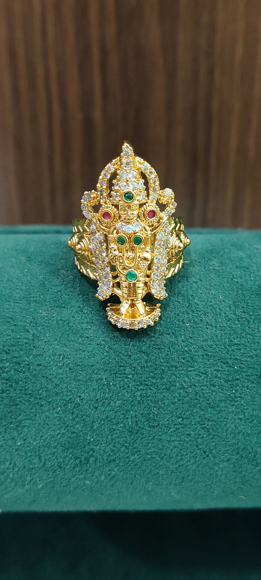 Premium stone based gold look govinda raja swami finger ring