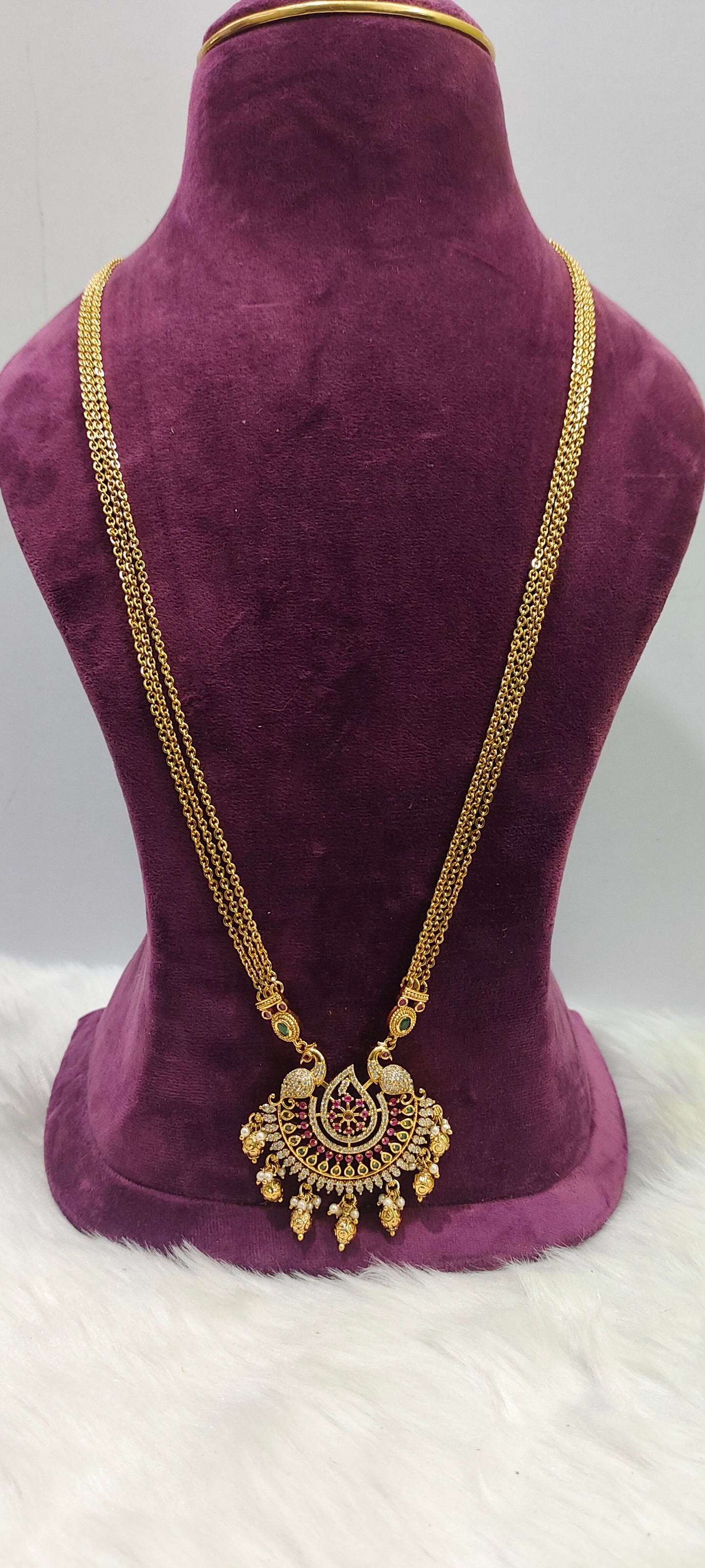 Premium nakshi 32" length 3 line chandraharam pendant chain