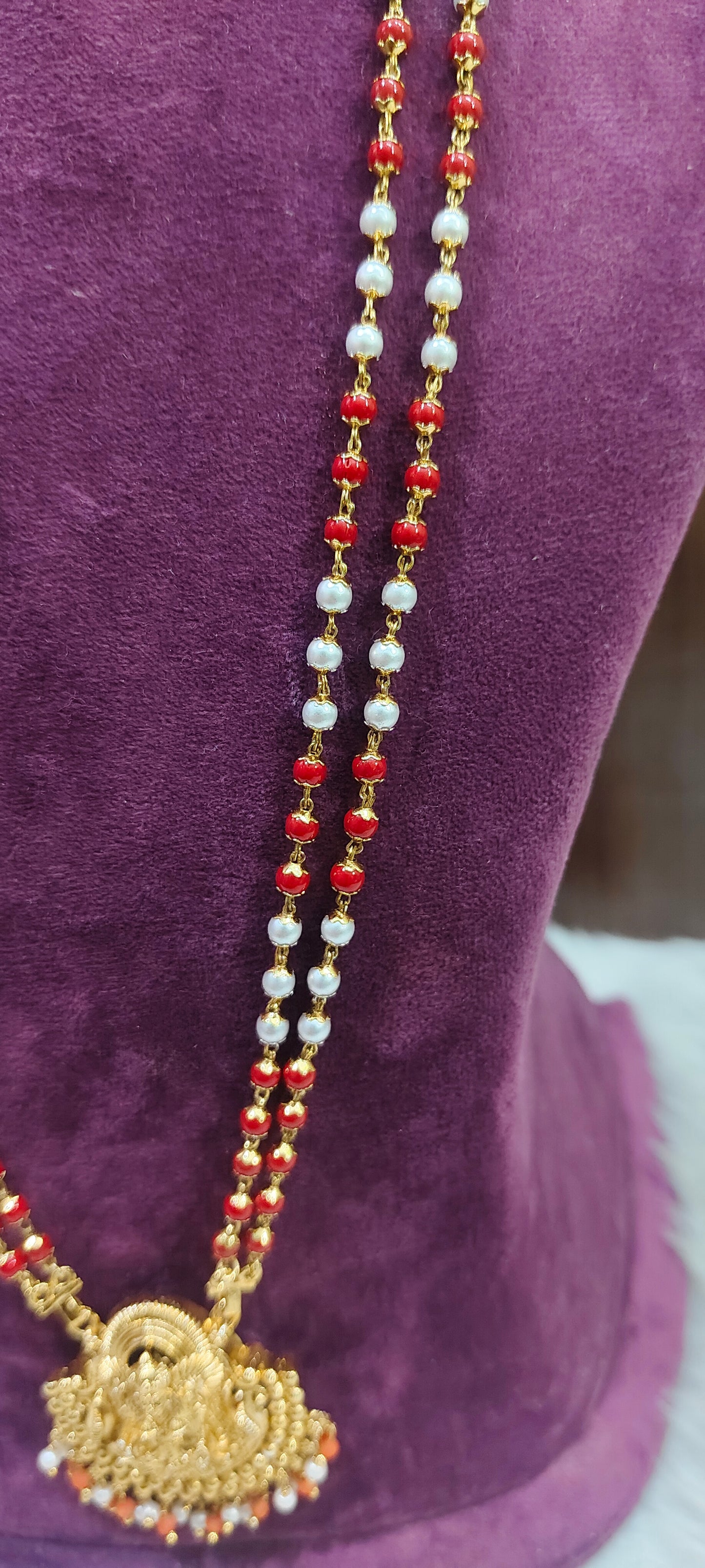 Nakshi finish long beads chain with Lakshmi Devi pendant