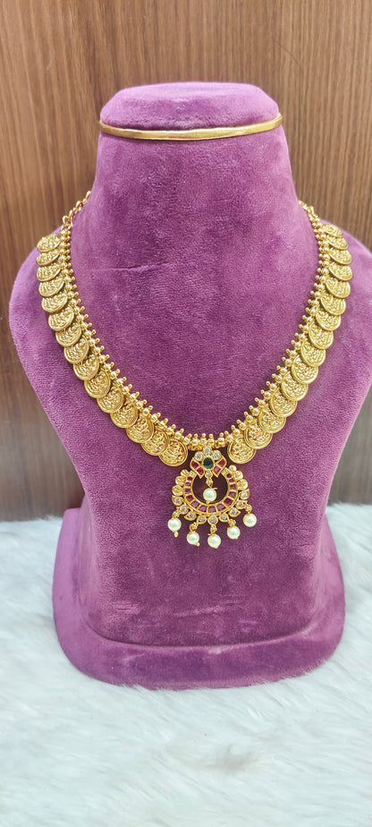 Premium gold look kasu necklace with chand bali earrings