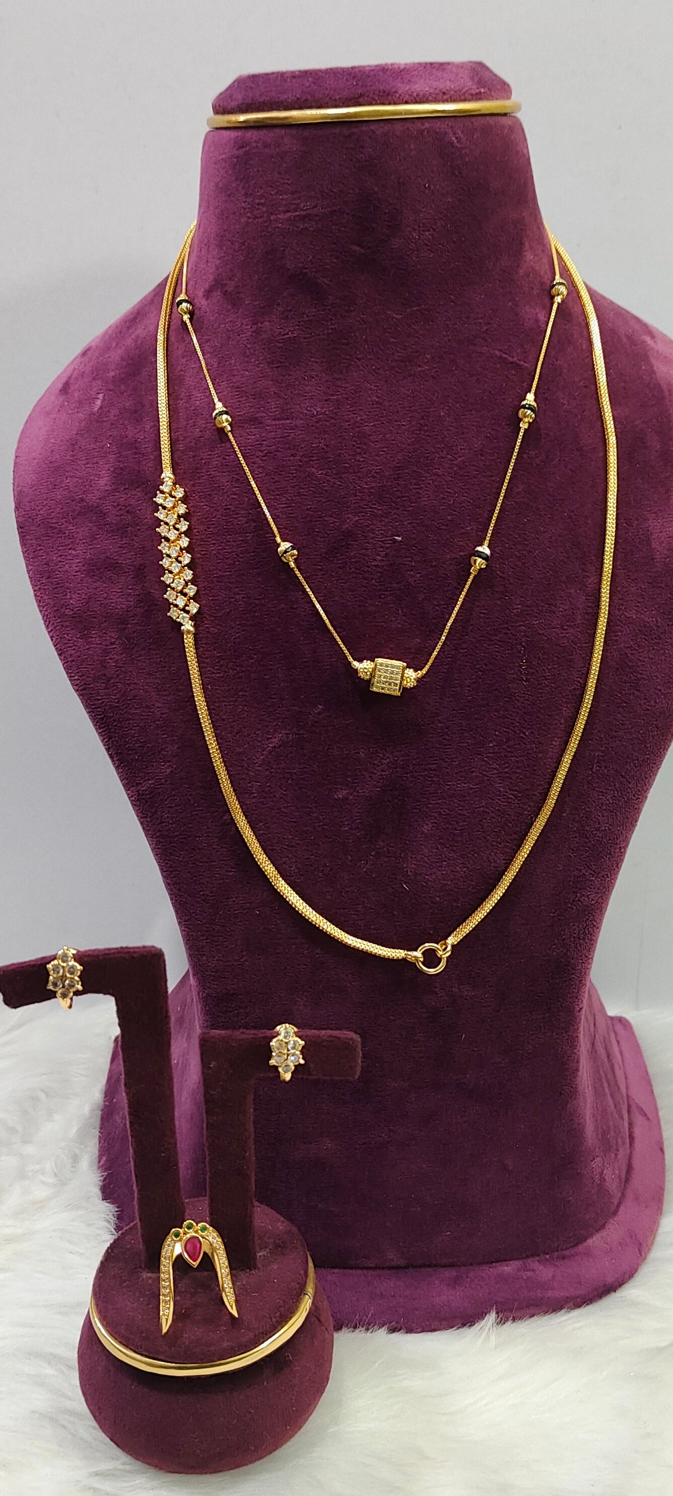 Premium micro gold plated 4 set combo (thali chain, short black beads vanki ring panchaloham earrings)