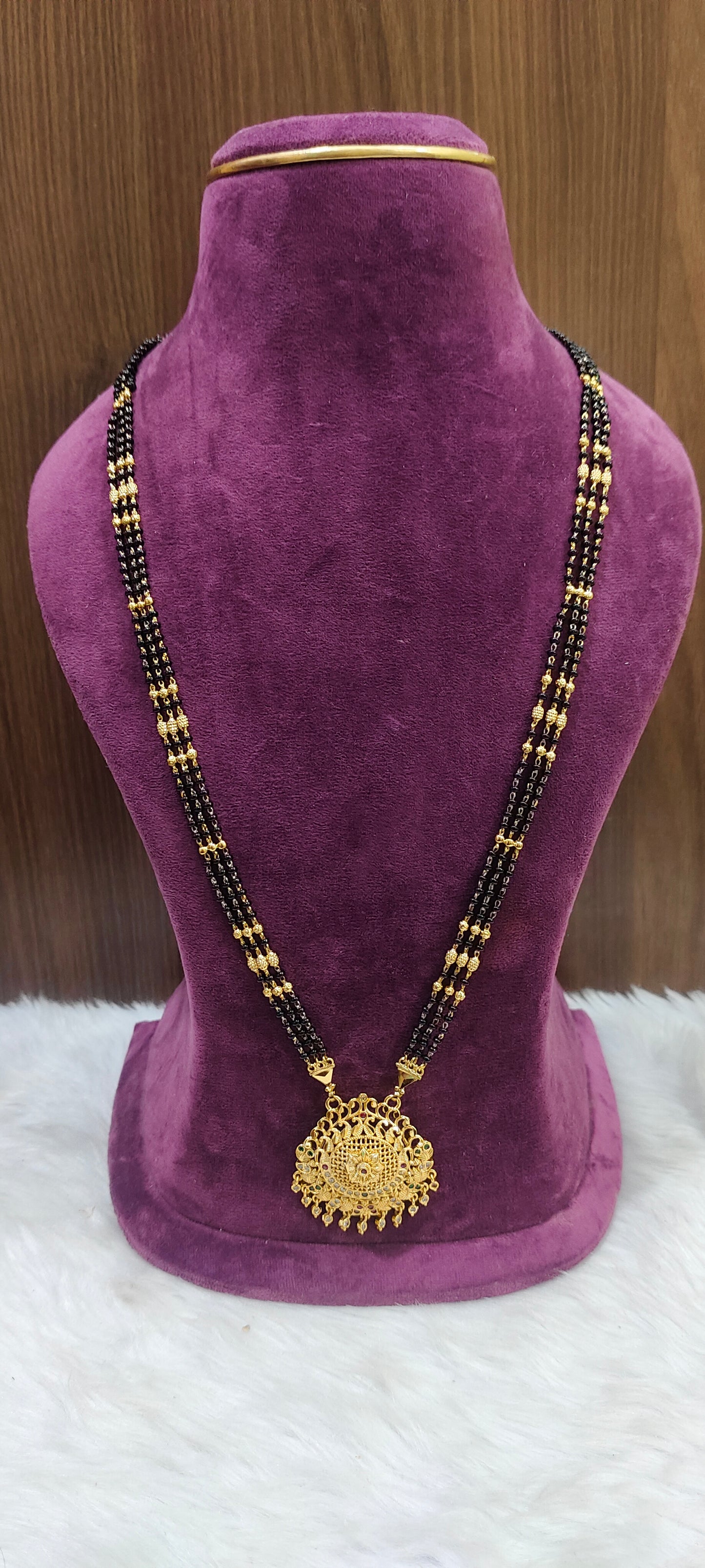 Premium nakshi 30" length 3 line long black beads
