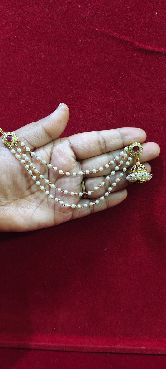 Premium gold look pearl butta with attached ear chains