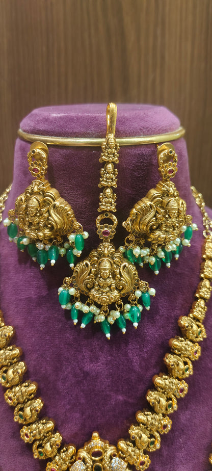 Premium nakshi necklace , long haram, earringsand  mangtika bridel combo set