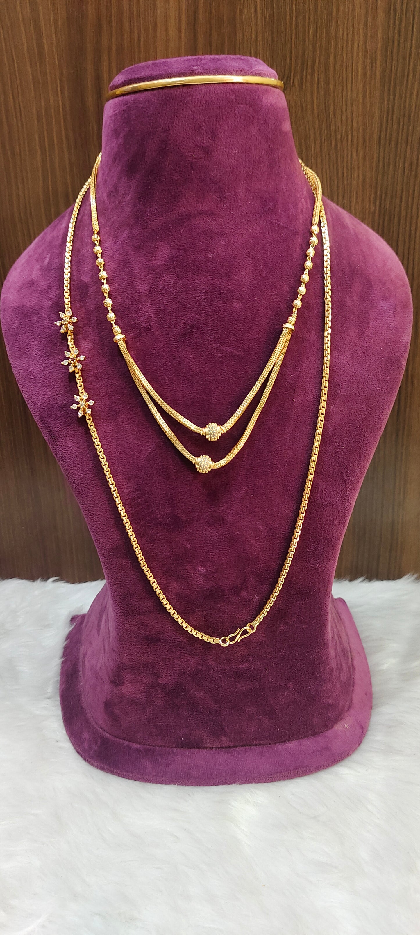 Premium micro gold plated 24" length thali chain and 18" length 2 step chain combo ( stone flower colour may changes in thali chain)