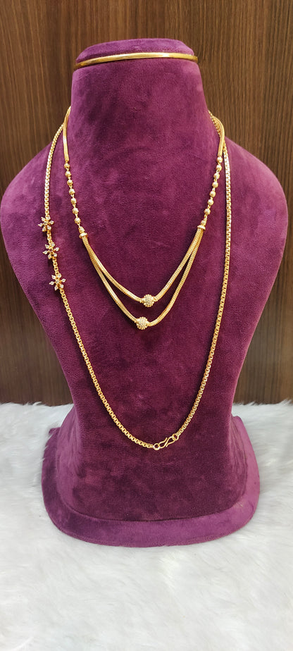 Premium micro gold plated 24" length thali chain and 18" length 2 step chain combo ( stone flower colour may changes in thali chain)