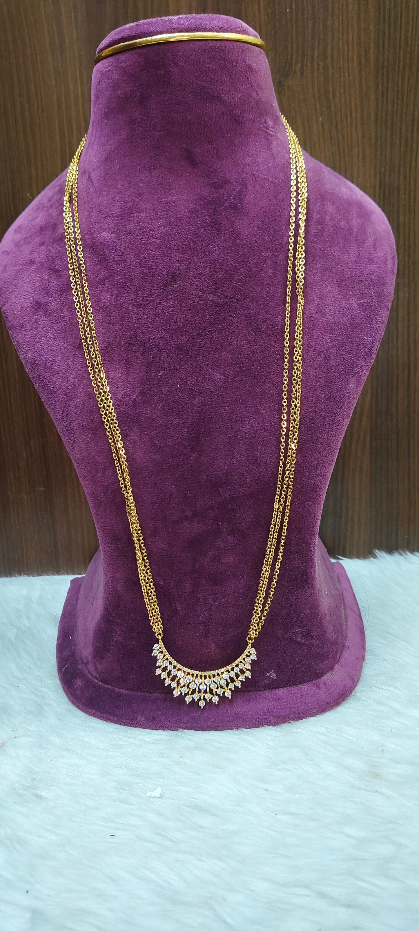 Premium gold look 3 line 30" length chandraharam with Trendy stone pendant
