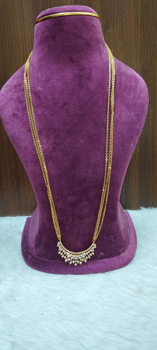Premium gold look 3 line 30" length chandraharam with Trendy stone pendant