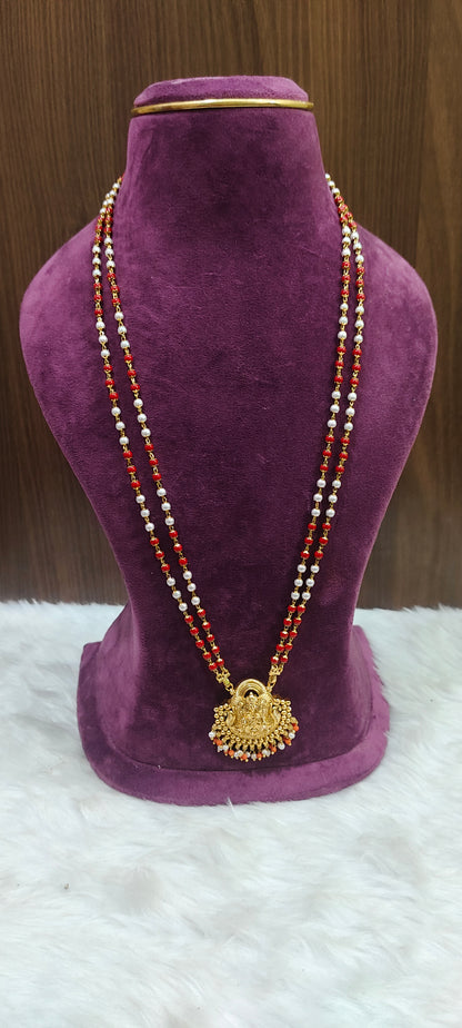 Nakshi finish long beads chain with Lakshmi Devi pendant