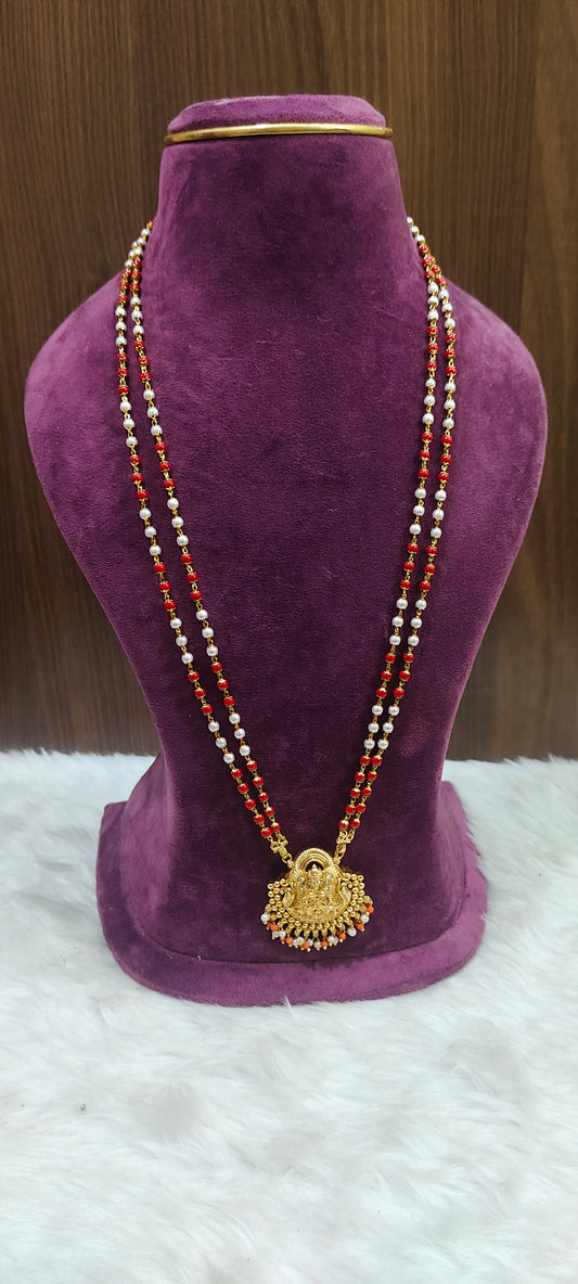 Nakshi finish long beads chain with Lakshmi Devi pendant